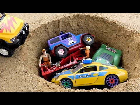 Find and rescue police car fire truck with crane truck - Toy car story
