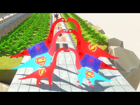 FLASH VS SUPERMAN VS SPIDERMAN BRACHIOSAURUS DEATH CLIMB  - Animal Revolt Battle Simulator
