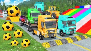 Flatbed Trailer McQueen Transportation with Truck - Speedbumps vs Cars vs Train - BeamNG.Drive #01 