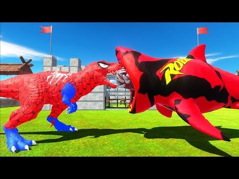 SPIDER-MAN T-REX & BATMAN T-REX vs MEGALODON DEATH RUN - Animal Revolt Battle Simulator