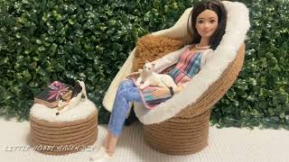 DIY Miniature Papasan Chair for Dolls | Bonus Ottoman, Pillow & Blanket! | 1:6 scale