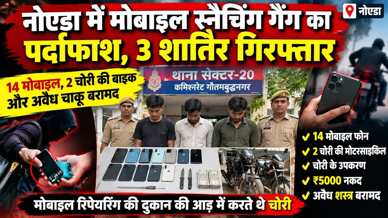 थाना सेक्टर-20 पुलिस द्वारा मोटरसाइकिल व मोबाइल फोन चोरी/ स्नेचिंग करने वाले 03 शातिर अभियुक्त गिरफ्तार, कब्जे से चोरी/ स्नेचिंग के 14 मोबाइल फोन, 02 चोरी की मोटरसाइकिल, चोरी करने में प्रयुक्त उपकरण, ₹5000/- नकद व अवैध शस्त्र बरामद।