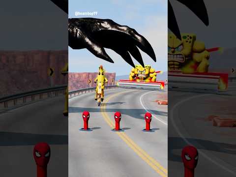 Weird Cars Crossing Triple Spider-Man Bollard Gate with Venom`s Giant Slap in BeamNG.drive
