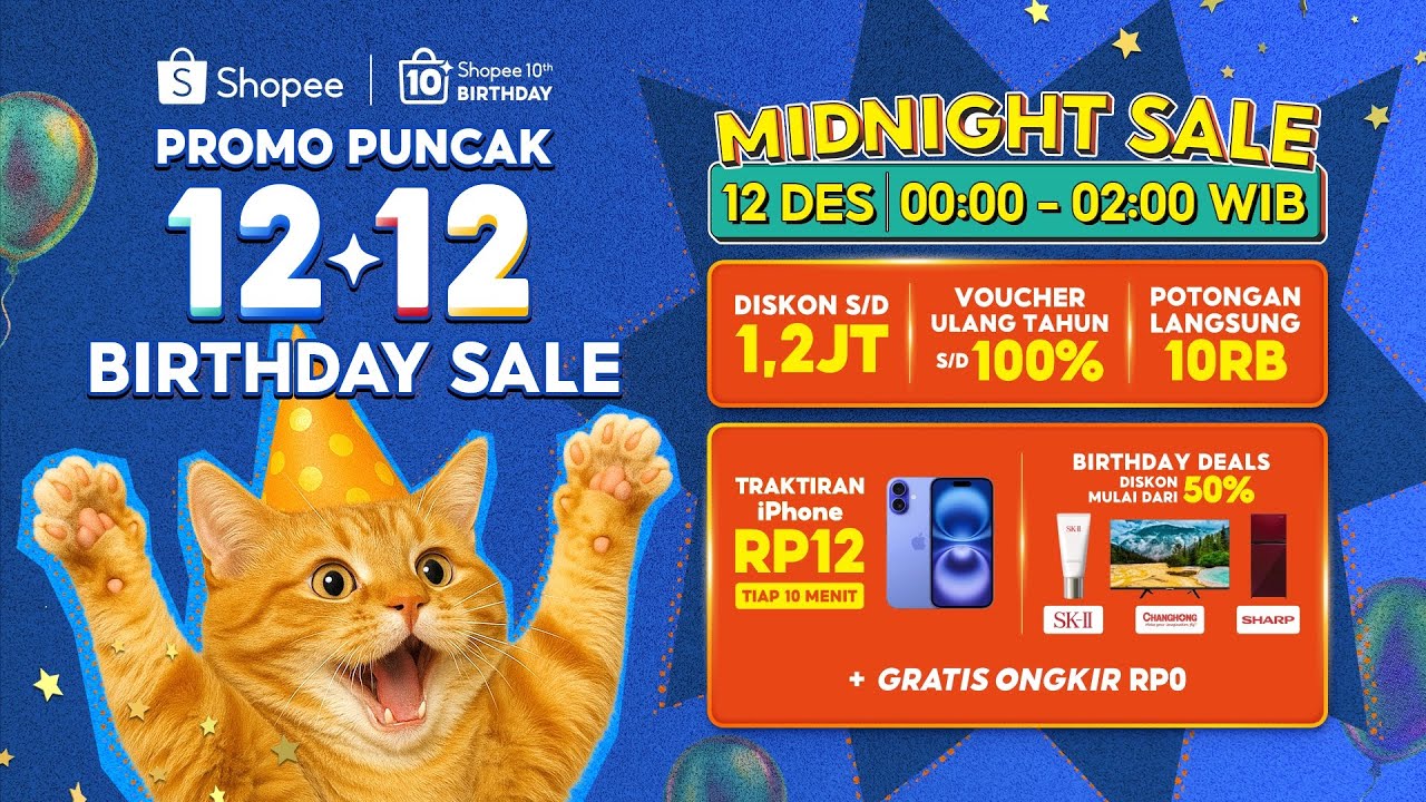 Ingat 12 Des Pk. 00.00-02.00 WIB! Birthday Deals Diskon Mulai dari 50% di Shopee 12.12 Midnight Sale