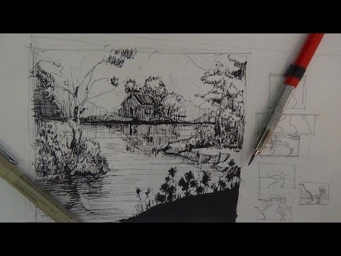 Pen Ink Drawing Tutorials | How to draw a river landscape scene