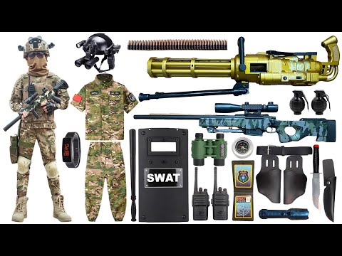 Special police weapon toy set unboxing, gold Gatling machine gun, AWM sniper rifle, bomb dagger