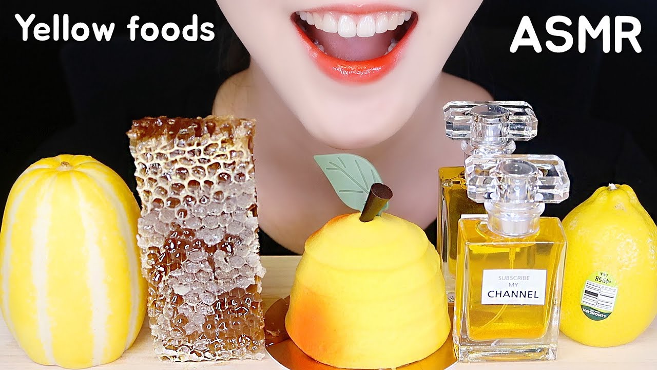 YELLOW FOOD ASMR HONEYCOMB, CAKE, LEMON, PERFUME, ETC EATING ASMR NO TALKING