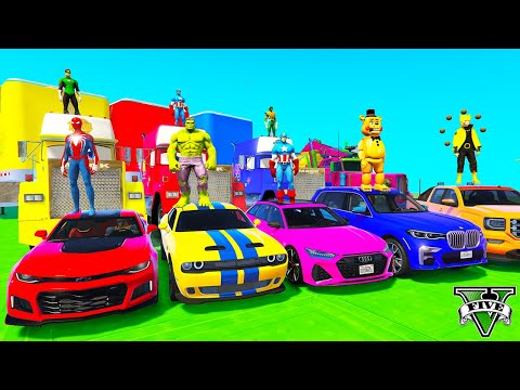 SPIDERMAN CARS Racing SEA Ramp Challenge ! SUPERHEROES HULK Epic Stunt Race by GOKU Iron Man - GTA 5