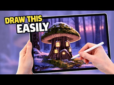 PROCREATE EASY Steps Drawing Tutorial - Fairy Snow House Landscape