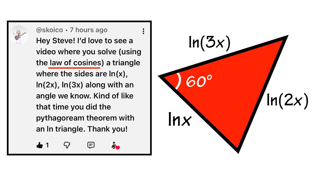 So you want another logarithm triangle (w/ law of cosines this time!)