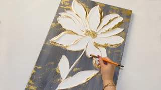 How to Paint Flower Texture Art on Canvas | 3D white Flower Painting with Gold Leaf