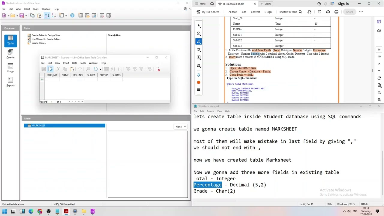 Information Technology- Grade 10- Practical file-Create table using SQL Command in Libreoffice base