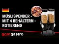 Rotating 4‑Way Cereal & Muesli Dispenser – Silver - Ø120 mm - 4×3.6 L - 350×350×620 mm
