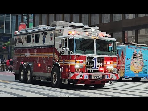 FDNY Rescue Company 1 Responding With Every Type Of Siren You Can Think Of On 42nd Street, Manhattan