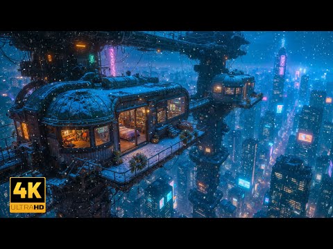 Lo-fi Chill Beats ❄️ Cozy Cyberpunk Sky Cabin Above Neon City | Study, Relax & Sleep | 4K