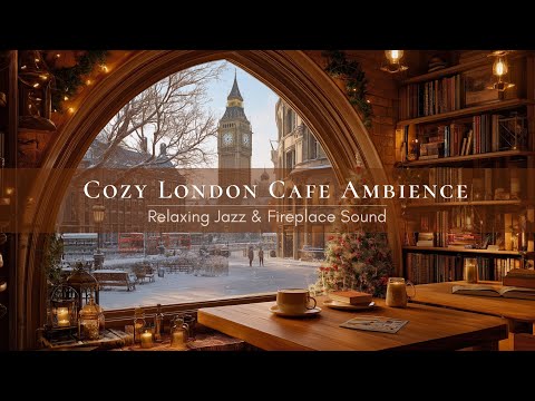 Cozy Snowy London Café Ambience ❄️ Relaxing Jazz, Winter Snow, Fireplace Sounds for Study, Sleep