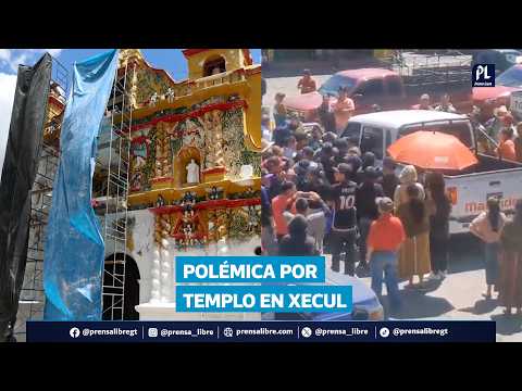 Pobladores se reúnen frente al templo de San Andrés Xecul por trabajos de pintura sin autorización