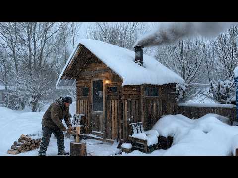 Heavy Snowfall in a Wooden Cabin - Caught in a SNOWTORM For 2 Days