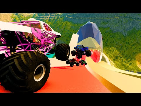 Monster Trucks Slide & Jump into a Giant Shark's Mouth! Insane BeamNG.drive Action 🚛🦈🔥