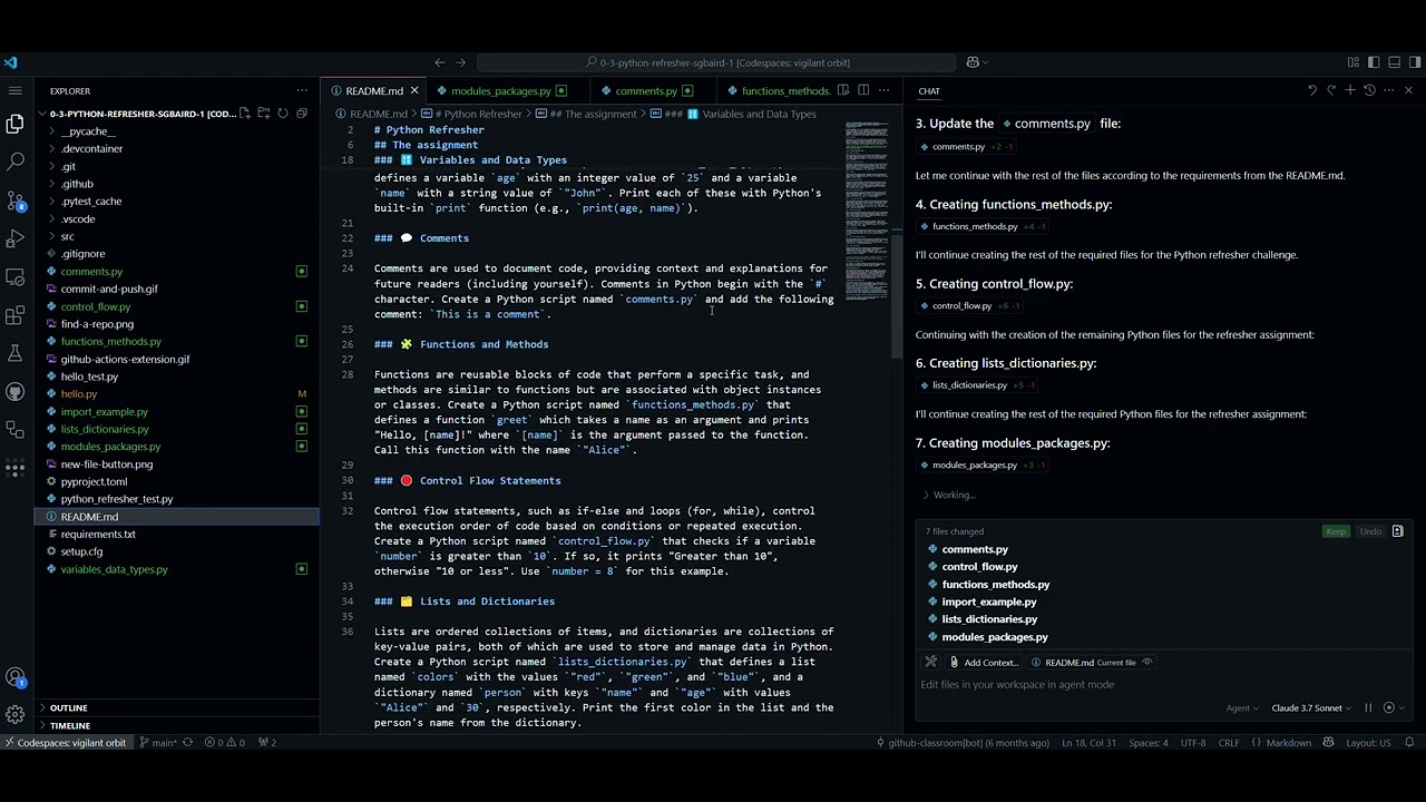 Python refresher assignment completed with GitHub Copilot Agent Mode