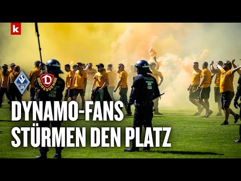 Berittene Polizei muss einschreiten: Platzsturm der Dynamo-Fans in Mannheim | Waldhof - Dresden 1:0