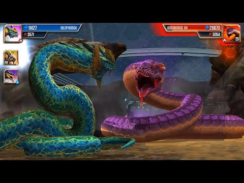 NEW GIANT HYBRID SNAKE DILOPHOBOA VS OUROBOROS 66 (SNAKE BOSS) | BATTLE JURASSIC WORLD THE GAME