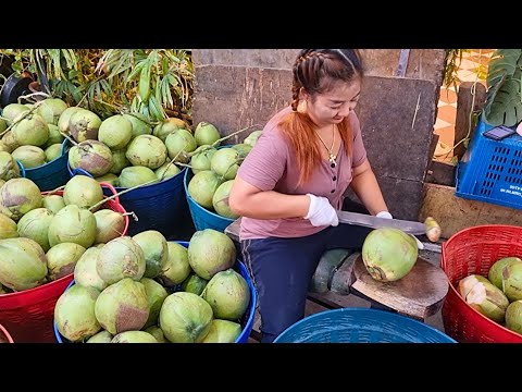 Master Coconut Cutters at Work - Satisfying Fruit Cutting Skills in Bangkok Thailand
