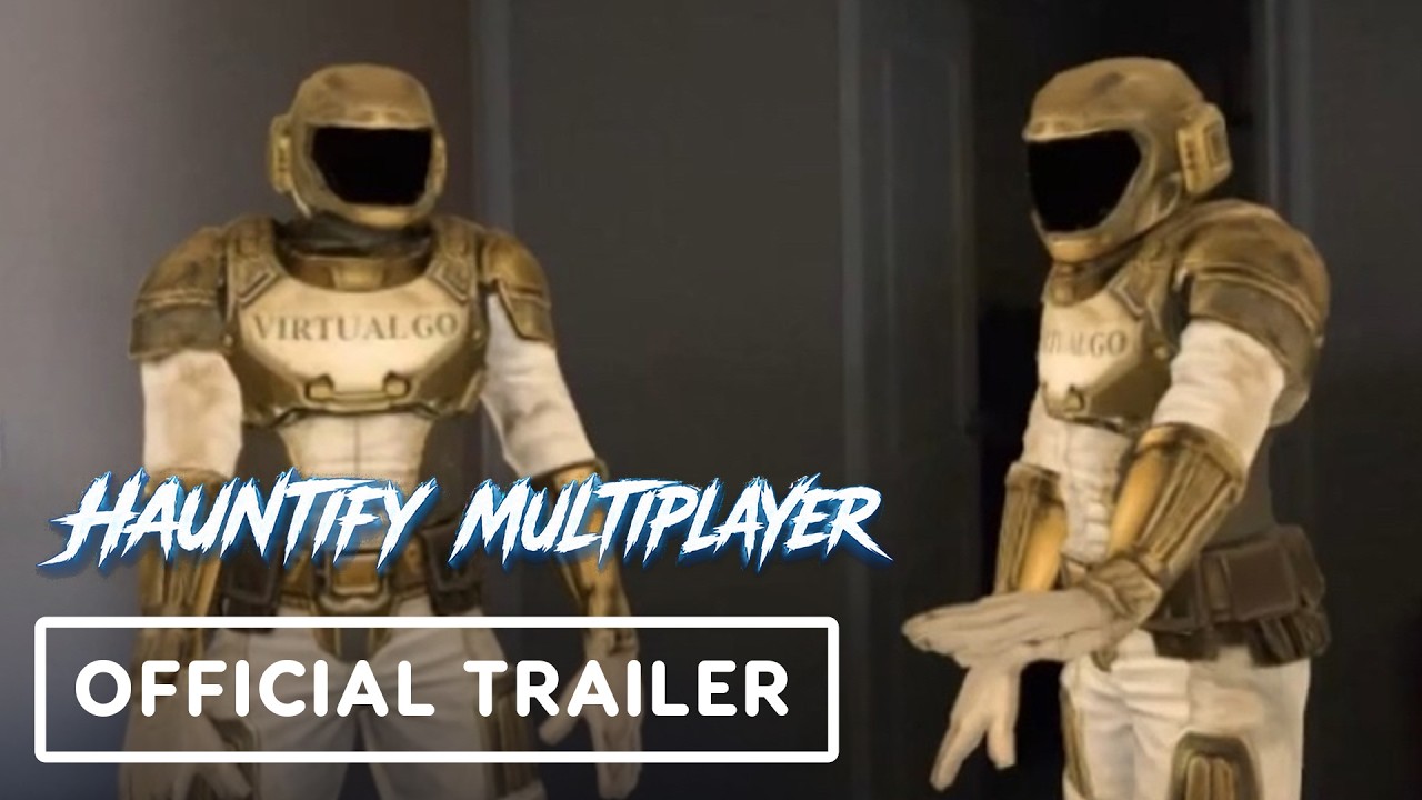 Two VirtualGo-armored player characters stand in a real room in the Hauntify Multiplayer mixed reality trailer