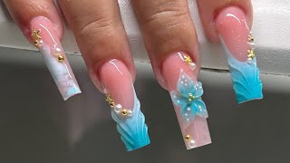 Long Square Ombre French Marble 3D Flower Acrylic Nails