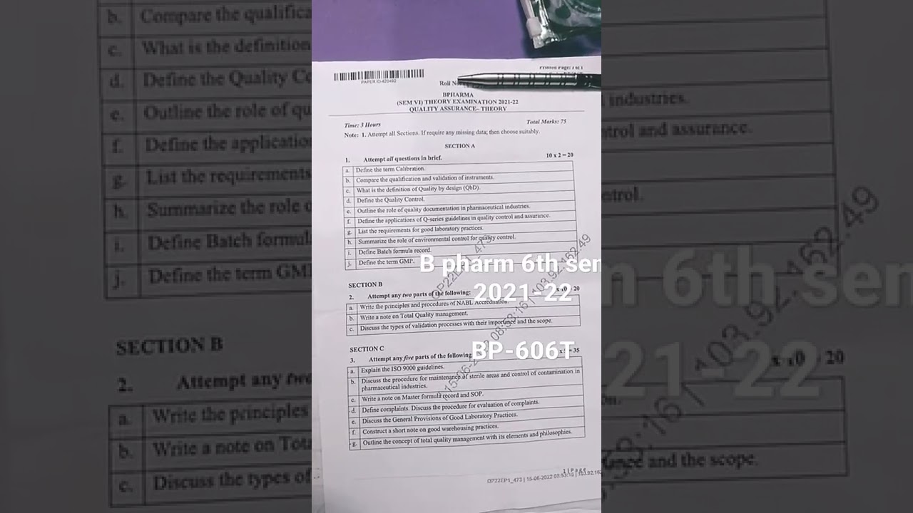 AKTU previous year question paper of B pharm (6th sem. ) 2021-22 of Quality Assurance (BP-606T)