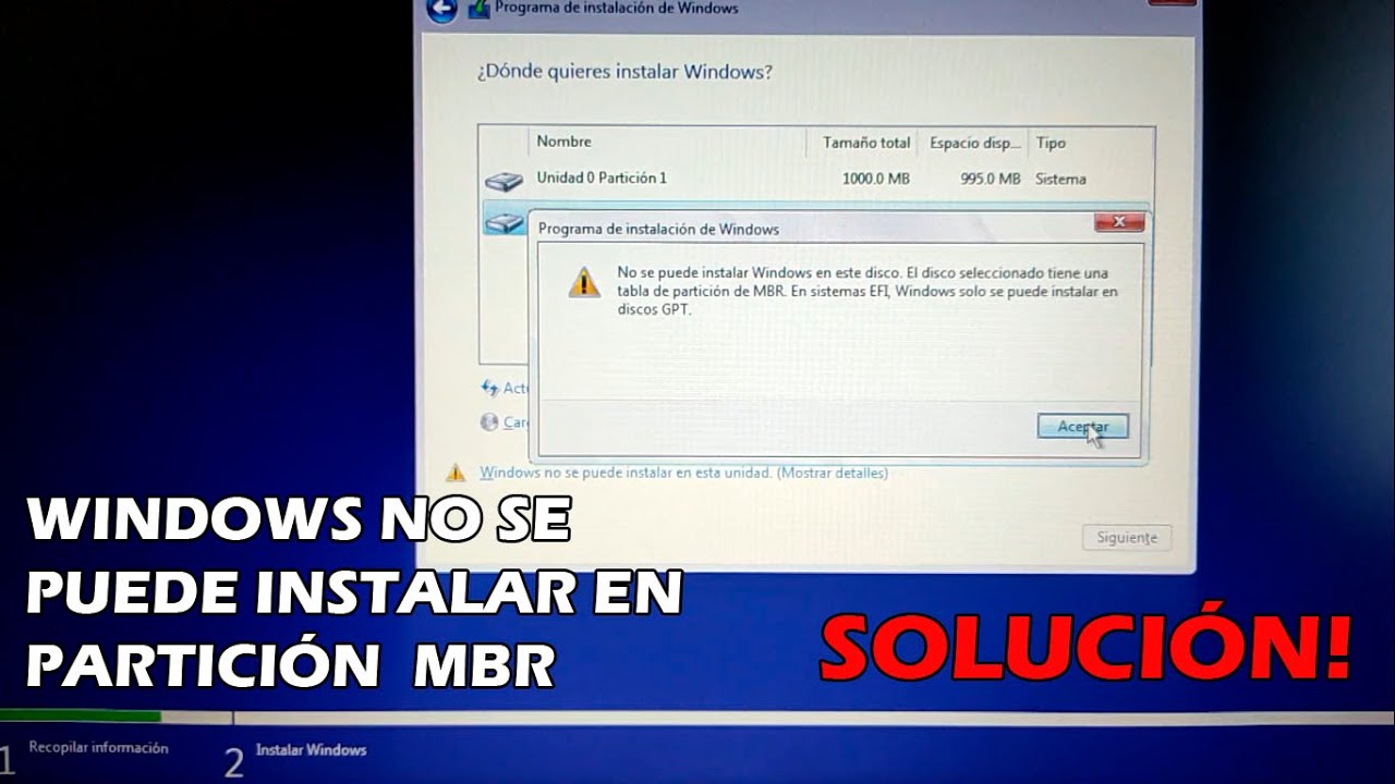 Windows no se puede instalar en partición MBR (SOLUCIONADO)