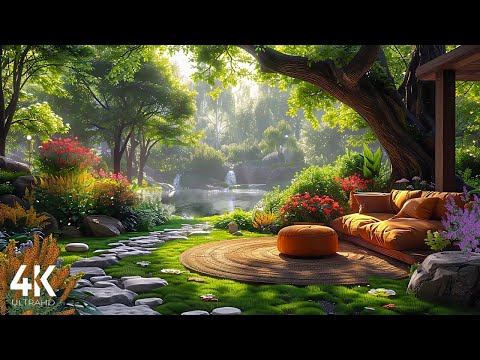???? Spring Garden Magical Ambience - 4K Dreamy | Peaceful Life with Waterfall Sounds & Birdsong Relax
