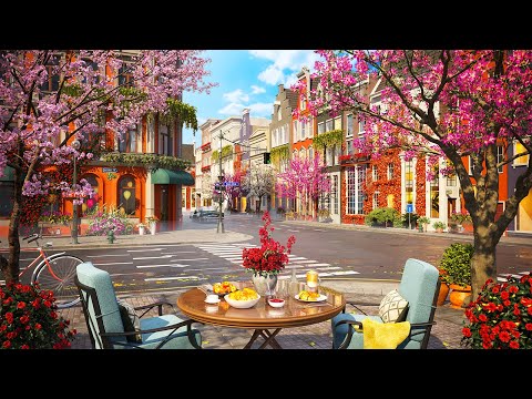 Springtime Street & Calm Spring Jazz Music at Outdoor Coffee Shop Ambience for Relax, Good Mood [4K]