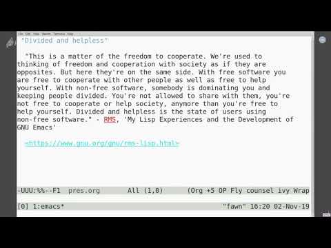 EmacsConf 2019 - 24 - GNU Emacs as software freedom in practice - Greg Farough