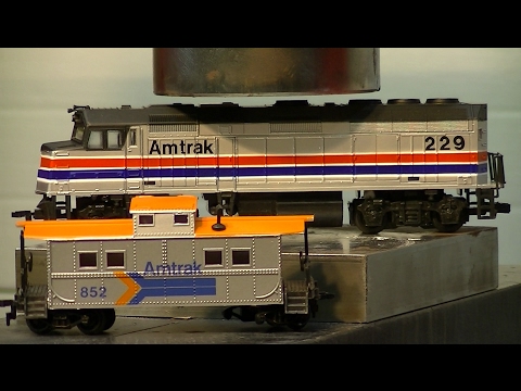 Train Engine vs Hydraulic Press HO Scale Amtrak Engine & Caboose CRUSH