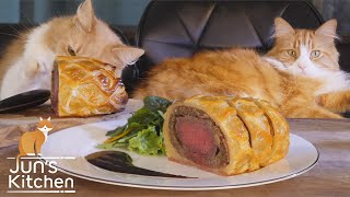 "back in college I used powdered rice crackers as well..." Well Jun, back in college I ate ramen out of the pot so（00:06:00 - 00:12:46） - Beef Wellington (with Japanese mushrooms)