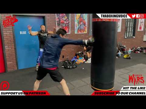 DANIYAR YELEUSSINOV UNLEASHING COMBINATIONS ON HEAVY BAG WHILE TRAINING AT TOP RANK GYM IN LAS VEGAS