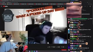 xQc spills his coffee and reacts to TrainWrecksTV &quot;What A F*cked Up Day&quot;