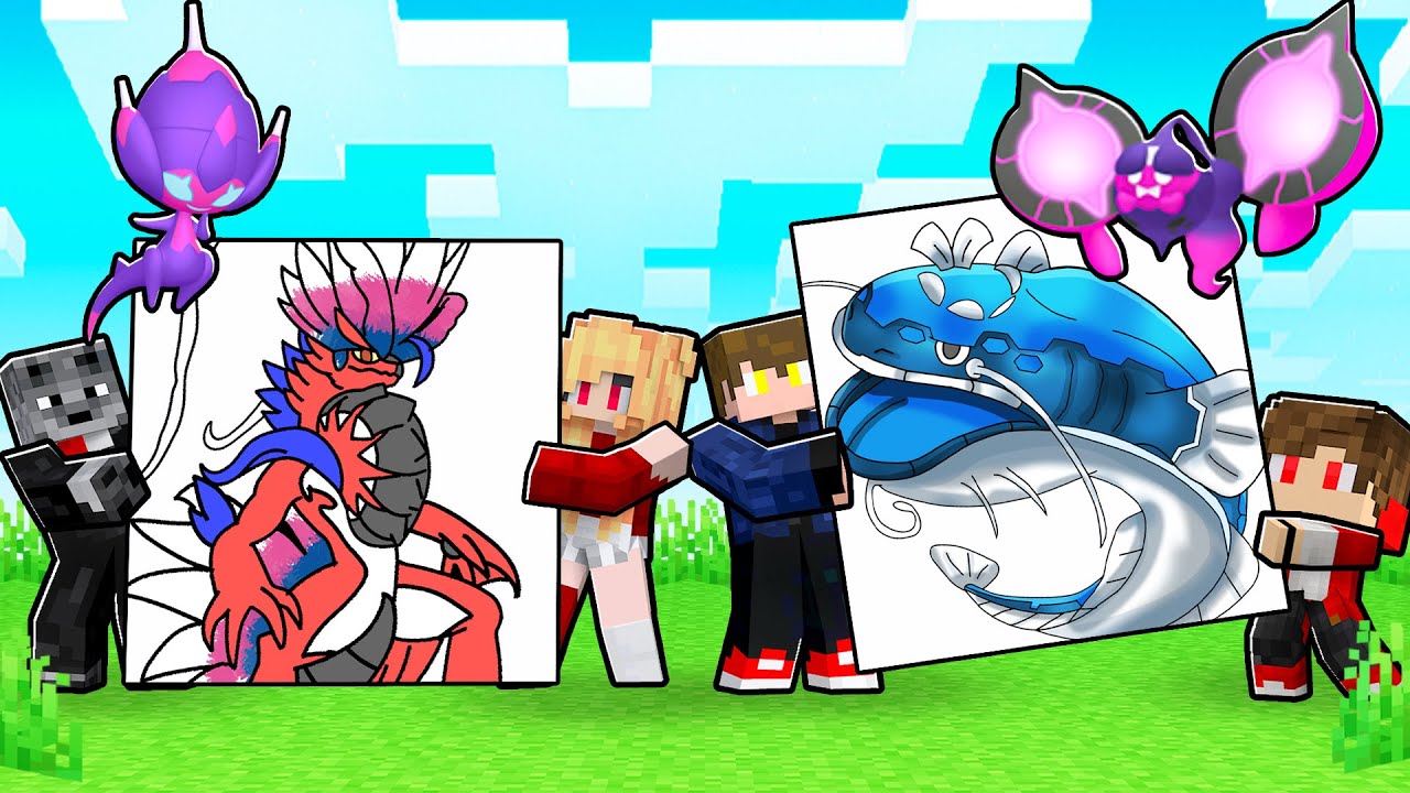 1 HORA de 4 AMIGOS DESENHANDO os POKEMON com LUCKY PIXELMON SUPREMAS no MINECRAFT