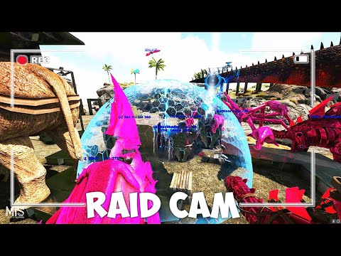 Ark Raid Cam - A Massive Tribe Tries To Raids The Ragnarok Blue Ob Cave ONLINE!