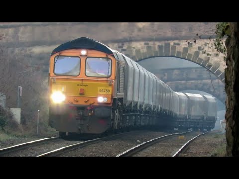 66738 & 66759 on 6M38 Arcow Quarry - Bredbury Tilcon at Woodley and down the Bredbury F/O Branchline
