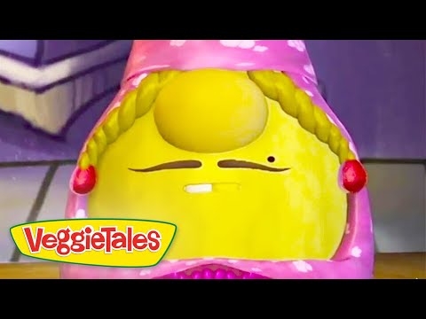 Bright yellow VeggieTales character with braided hair in a pink hoodie, making a puzzled face.