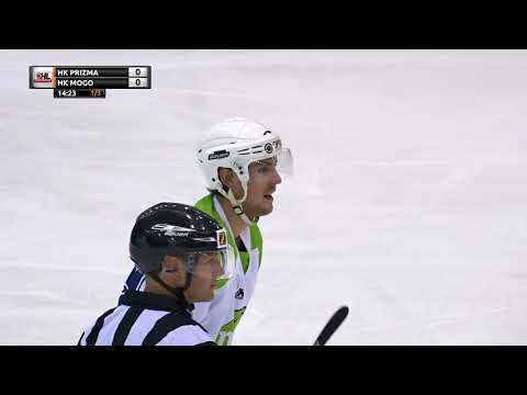 HK Mogo uzbrucējs Miks Lipsbergs realizē soda metienu un atklāj spēles rezultātu mačā pret HK Prizma