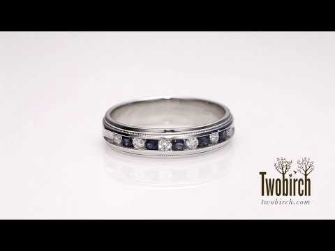 .50 CT Sapphire & Diamond Channel Set Men's Ring with Milgrain Design - TwoBirch  SP1-GR-0132-WG-H