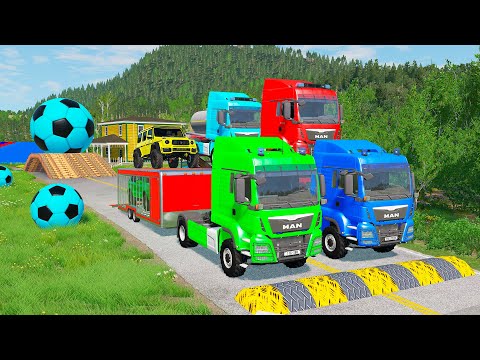 Double Flatbed Trailer Truck vs Speedbumps Train vs Cars | Tractor vs Train Beamng.Drive 0115