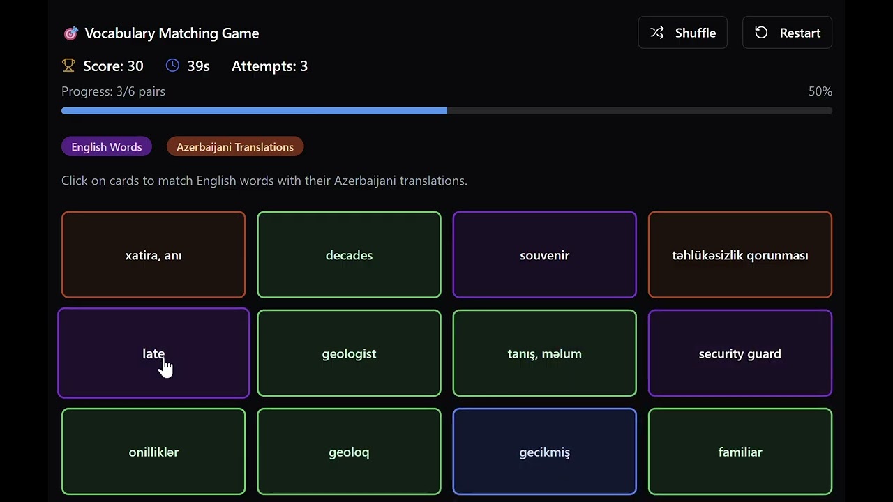 Vocabulary Matching Game English
