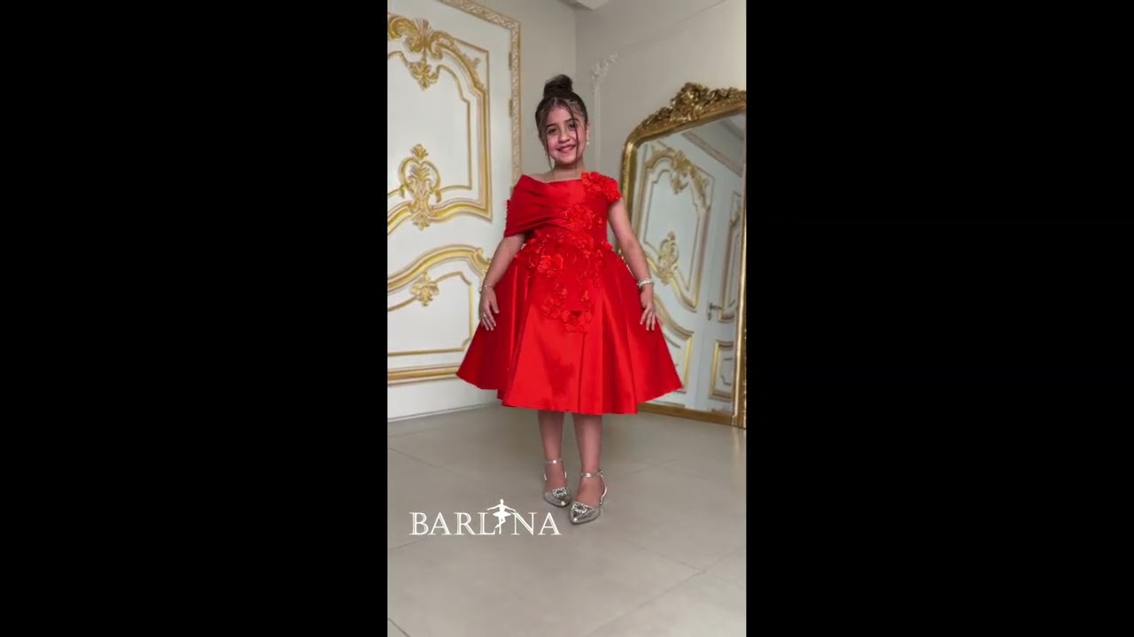 فستان سهرة أحمر بناتي بكتف مكشوف - 5 سنوات