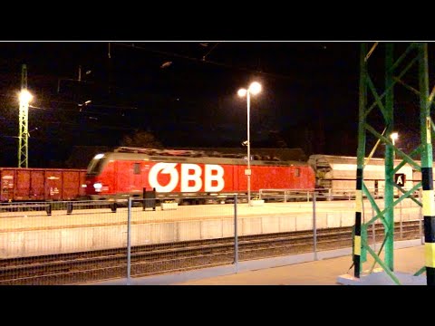 Cargo trains traffic in night in Hungary