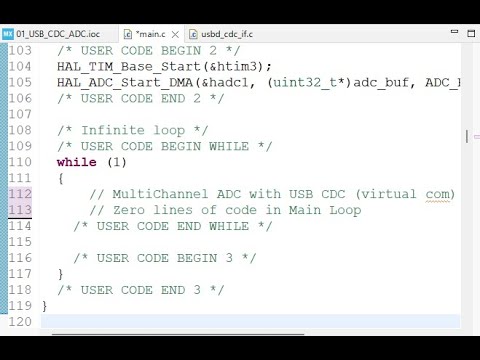 [Demo] STM32 Multichannel ADC with DMA, USB-CDC. No code in the main loop.