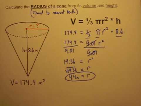 Part of a video titled Calculate the Radius of a Cone When Given Its Volume and Height